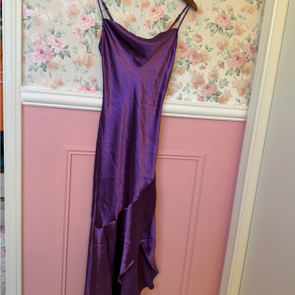 Purple Satin Slip Dress with Cowl Neck